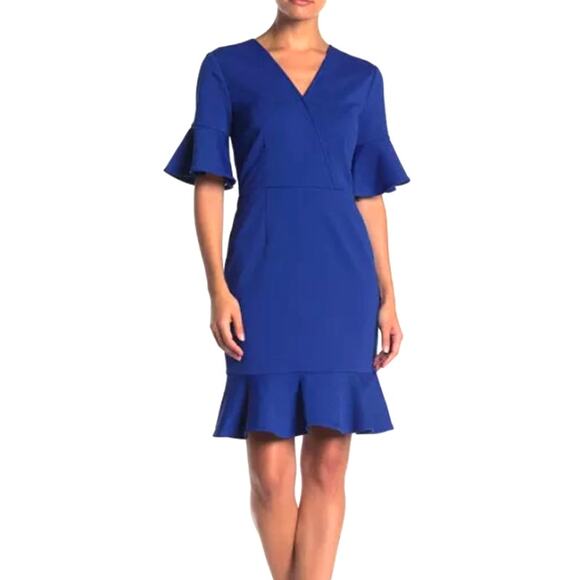 Trina Turk Quest Ruffle  Crepe Dress  Short Bell Sleeve Night Swim Blue Size 6 - Picture 1 of 7